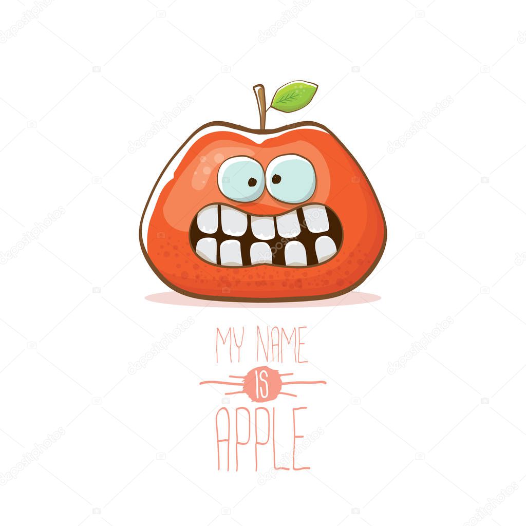 Vector funny cartoon cute red apple character isolated on white background. My name is apple vector concept. super funky vegetable summer food character