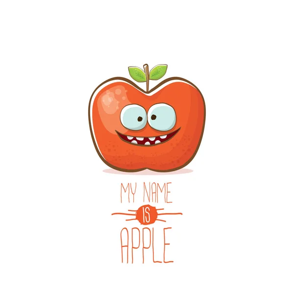 재미 있는 만화 귀여운 빨간 사과 문자 흰색 배경에 고립 된 벡터. 내 이름은 애플 벡터 개념입니다. 슈퍼 펑키 과일 음식 문자 — 스톡 벡터