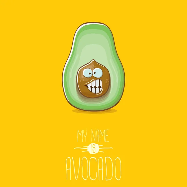 Grappige cartoon schattige groene avocado karakter geïsoleerd op een oranje achtergrond. Mijn naam is avocado vector concept. vector gezonde zomer fruit karakter — Stockvector