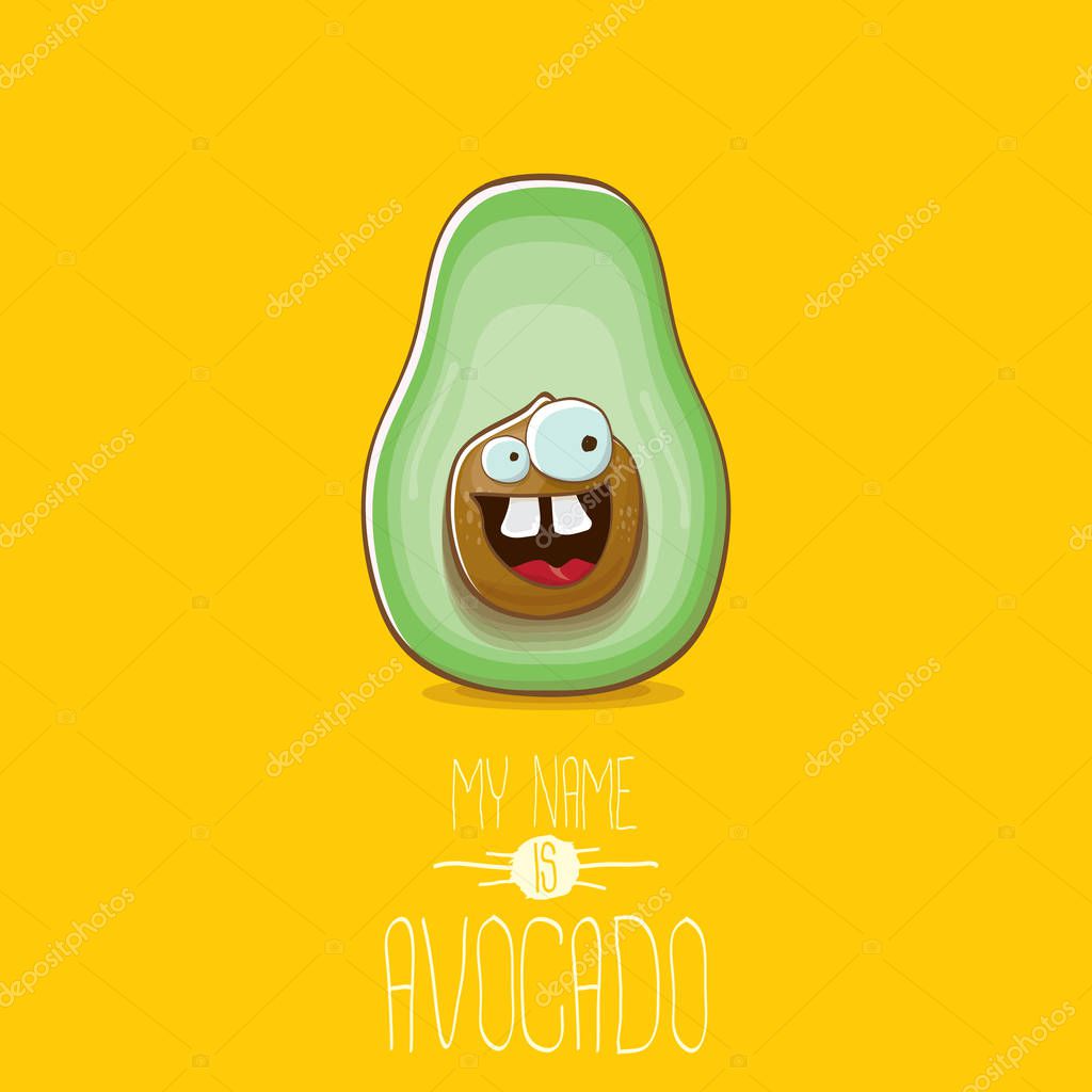Funny cartoon cute green avocado character isolated on orange background. My name is avocado vector concept. vector healthy summer funky fruit character
