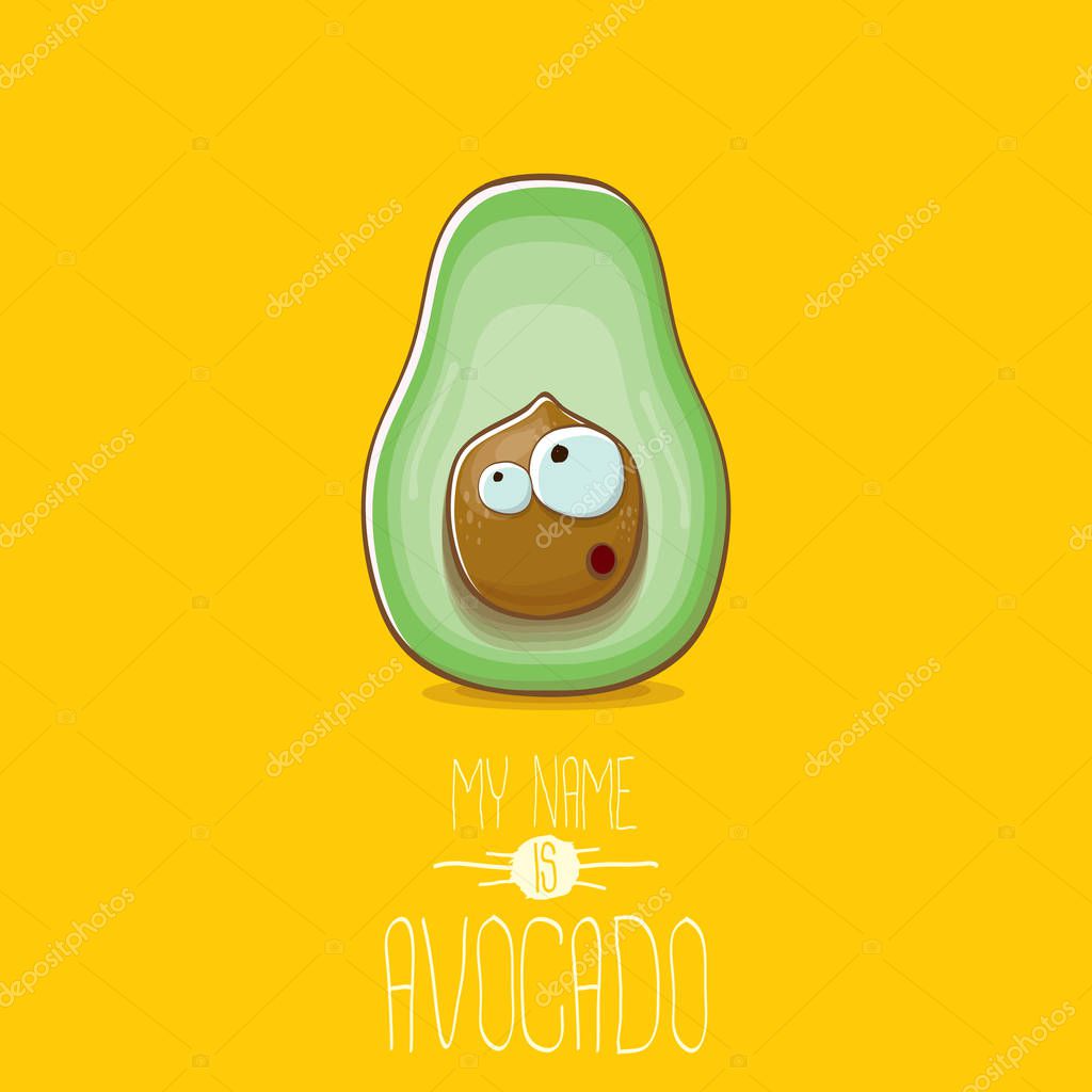 Funny cartoon cute green avocado character isolated on orange background. My name is avocado vector concept. vector healthy summer funky fruit character