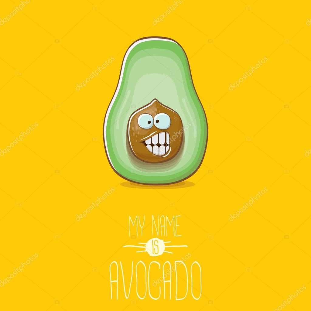 Funny cartoon cute green avocado character isolated on orange background. My name is avocado vector concept. vector healthy summer funky fruit character