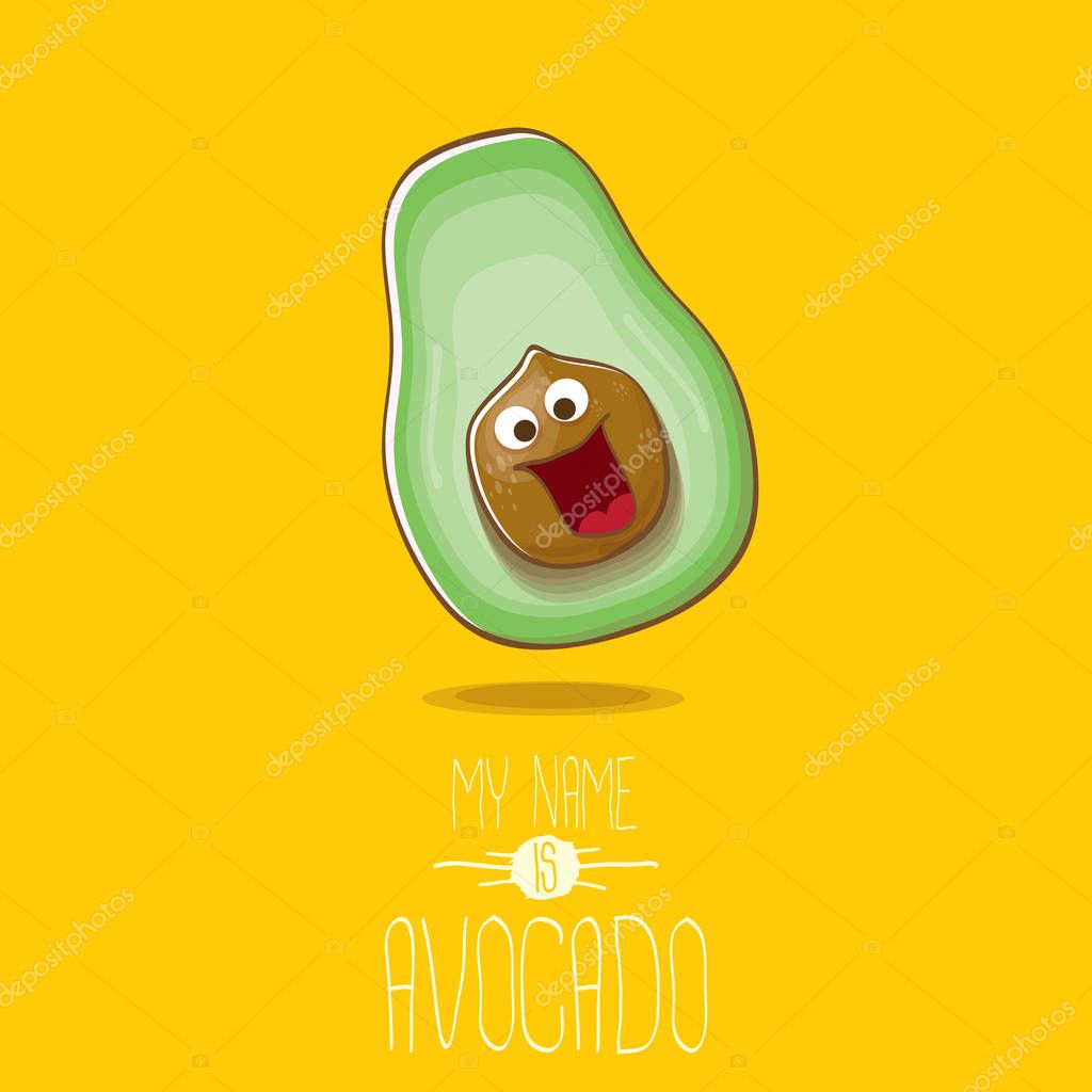 Funny cartoon cute green avocado character isolated on orange background. My name is avocado vector concept. vector healthy summer funky fruit character