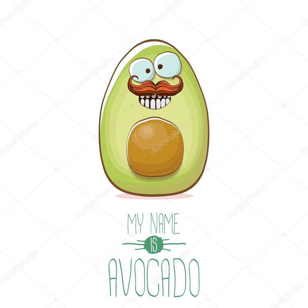 Funny cartoon cute green avocado character isolated on white background. My name is avocado vector concept. vector healthy summer funky fruit character
