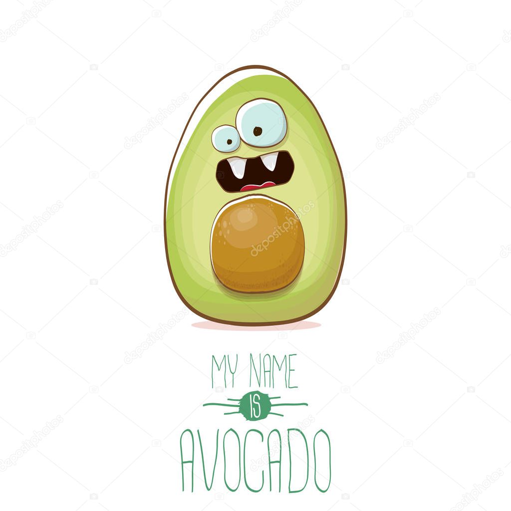 Funny cartoon cute green avocado character isolated on white background. My name is avocado vector concept. vector healthy summer funky fruit character