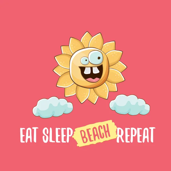 Eat sleep beach repeat vector concept cartoon illustration or summer poster. vector funky sun character with funny slogan for print on tee. summer party fun label or icon on pink background — Stock Vector