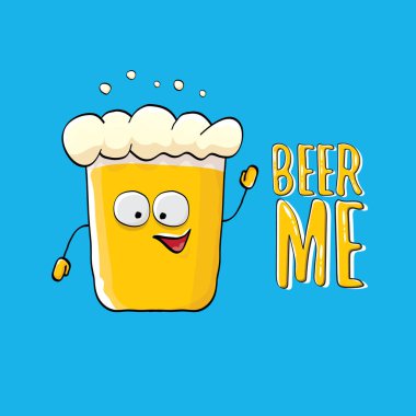 Bira ME vektör illüstrasyonu ya da yaz posteri. Tee 'de yazan komik sloganı olan garip bira karakteri vektörü. Uluslararası bira günü veya sloganlı Ekim Festivali etiketi