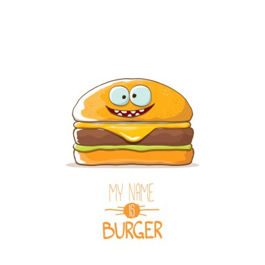vektör çizgi film sevimli burger karakteri ile peynir, et ve salata simgesi beyaz arka plan üzerinde izole. Benim adım burger vektör kavramı ilişkindir