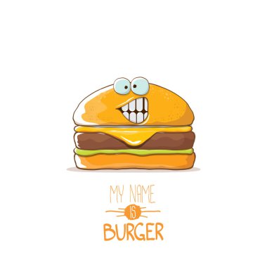 vektör çizgi film sevimli burger karakteri ile peynir, et ve salata simgesi beyaz arka plan üzerinde izole. Benim adım burger vektör kavramı ilişkindir