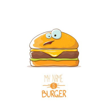 vektör çizgi film sevimli burger karakteri ile peynir, et ve salata simgesi beyaz arka plan üzerinde izole. Benim adım burger vektör kavramı ilişkindir
