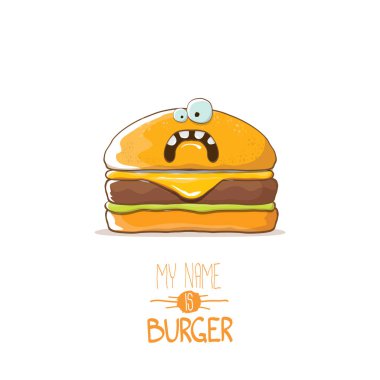 vektör çizgi film sevimli burger karakteri ile peynir, et ve salata simgesi beyaz arka plan üzerinde izole. Benim adım burger vektör kavramı ilişkindir
