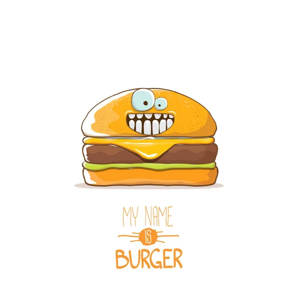 Vector cartoon cute burger character with cheese, meat and salad icon isolated on white background. my name is burger vector concept illustration — Stock Vector