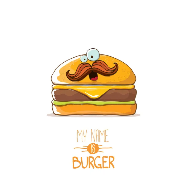 Vector schattig Hamburger stripfiguur met kaas, vlees en salade pictogram geïsoleerd op een witte achtergrond. mijn naam is Hamburger vectorillustratie concept — Stockvector