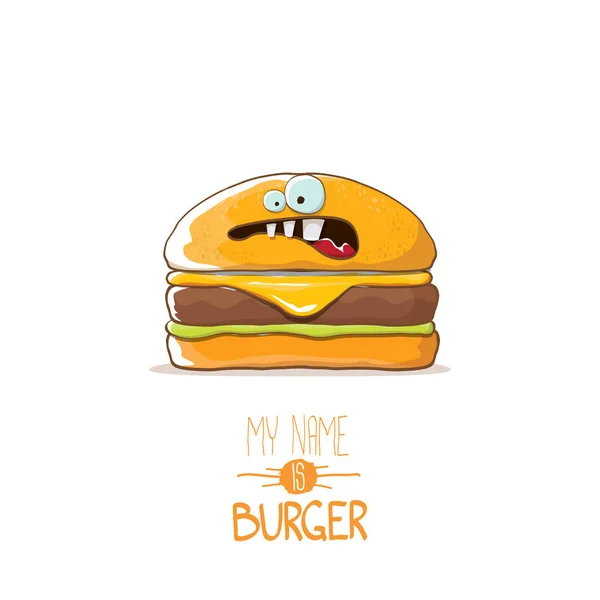 Vector schattig Hamburger stripfiguur met kaas, vlees en salade pictogram geïsoleerd op een witte achtergrond. mijn naam is Hamburger vectorillustratie concept — Stockvector