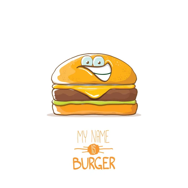 Desenho animado vetor personagem hambúrguer bonito com queijo, carne e salada ícone isolado no fundo branco. meu nome é Burger vetor conceito ilustração — Vetor de Stock