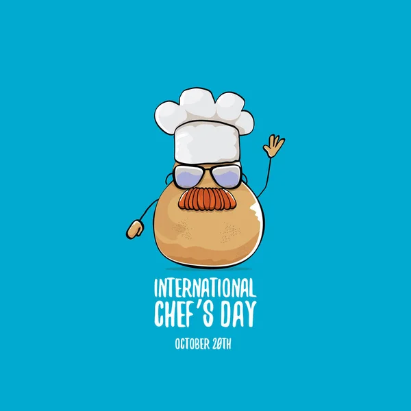 Tarjeta de felicitación internacional del vector del día del chef. vector divertido dibujos animados pequeña patata cocinero sonriente marrón con sombrero aislado sobre fondo azul . — Archivo Imágenes Vectoriales