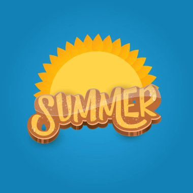 çizgi film yaz etiket kağıt sanat syle turuncu güneş mavi gökyüzü zemin üzerine vektör. Yaz plaj partisi poster tasarım şablonu.