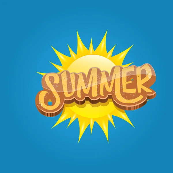 Vektor Cartoon Sommer Etikettenpapier Kunst syle auf blauem Himmel Hintergrund mit orangefarbener Sonne. sommer strand party poster design vorlage. — Stockvektor