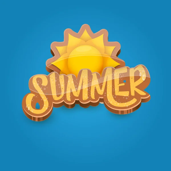 Vektor Cartoon Sommer Etikettenpapier Kunst syle auf blauem Himmel Hintergrund mit orangefarbener Sonne. sommer strand party poster design vorlage. — Stockvektor