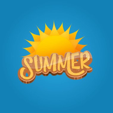 çizgi film yaz etiket kağıt sanat syle turuncu güneş mavi gökyüzü zemin üzerine vektör. Yaz plaj partisi poster tasarım şablonu.