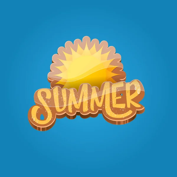 Vector de dibujos animados verano etiqueta papel arte syle sobre fondo cielo azul con sol naranja. Plantilla de diseño de cartel de fiesta playa verano . — Vector de stock
