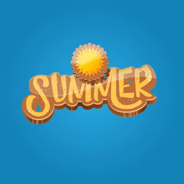 Vektor Cartoon Sommer Etikettenpapier Kunst syle auf blauem Himmel Hintergrund mit orangefarbener Sonne. sommer strand party poster design vorlage. — Stockvektor