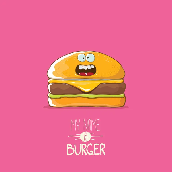 矢量卡通小汉堡字符与奶酪, 肉类和沙拉图标在粉红色的背景下孤立。我的名字是汉堡矢量概念插图 — 图库矢量图片