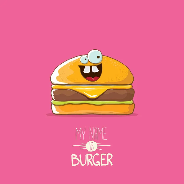 Vector kleine hamburger stripfiguur met kaas, vlees en salade pictogram geïsoleerd op roze achtergrond. mijn naam is Hamburger vectorillustratie concept — Stockvector
