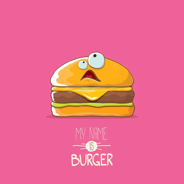 Vector kleine hamburger stripfiguur met kaas, vlees en salade pictogram geïsoleerd op roze achtergrond. mijn naam is Hamburger vectorillustratie concept — Stockvector