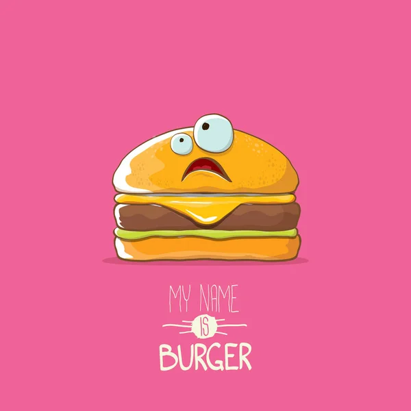 Vector kleine hamburger stripfiguur met kaas, vlees en salade pictogram geïsoleerd op roze achtergrond. mijn naam is Hamburger vectorillustratie concept — Stockvector