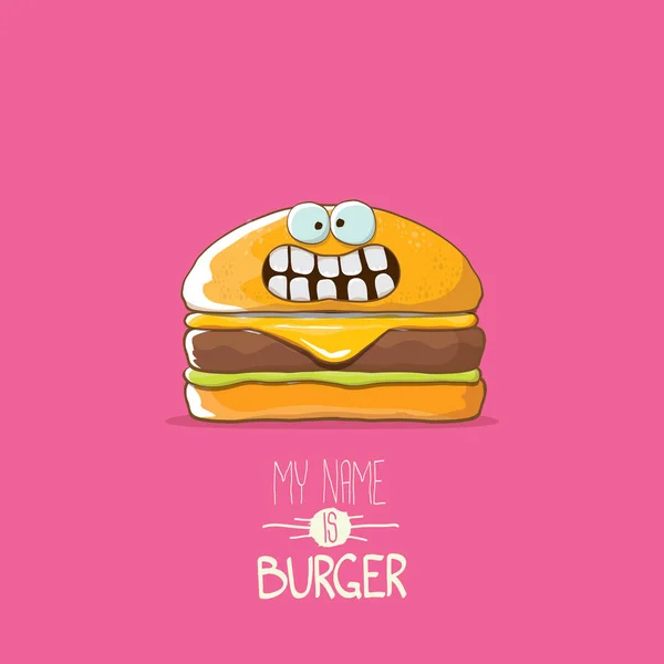 Vector kleine hamburger stripfiguur met kaas, vlees en salade pictogram geïsoleerd op roze achtergrond. mijn naam is Hamburger vectorillustratie concept — Stockvector