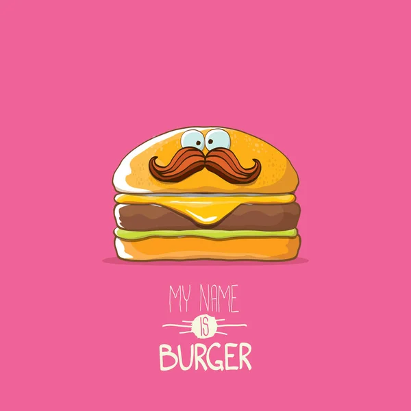 Vector kleine hamburger stripfiguur met kaas, vlees en salade pictogram geïsoleerd op roze achtergrond. mijn naam is Hamburger vectorillustratie concept — Stockvector