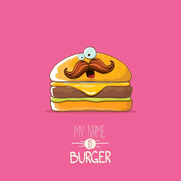 Vector kleine hamburger stripfiguur met kaas, vlees en salade pictogram geïsoleerd op roze achtergrond. mijn naam is Hamburger vectorillustratie concept — Stockvector