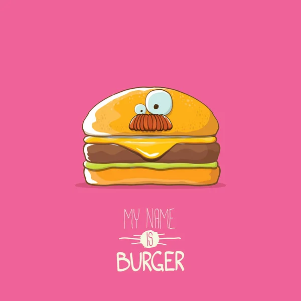 Vector kleine hamburger stripfiguur met kaas, vlees en salade pictogram geïsoleerd op roze achtergrond. mijn naam is Hamburger vectorillustratie concept — Stockvector