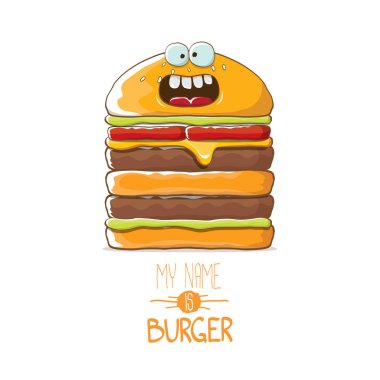 Beyaz arka plan üzerinde izole peynir, et ve salata simgesi olan büyük hamburger karakter gülümseyen vektör karikatür. Benim adım burger vektör kavramı ilişkindir