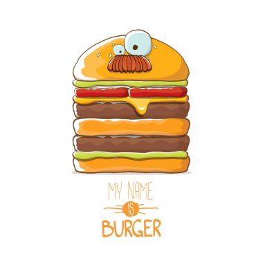 Beyaz arka plan üzerinde izole peynir, et ve salata simgesi olan büyük hamburger karakter gülümseyen vektör karikatür. Benim adım burger vektör kavramı ilişkindir