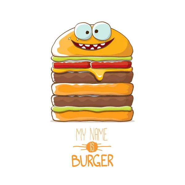 Vector cartoon glimlachend karakter van de grote hamburger met kaas, vlees en salade pictogram geïsoleerd op een witte achtergrond. mijn naam is Hamburger vectorillustratie concept — Stockvector