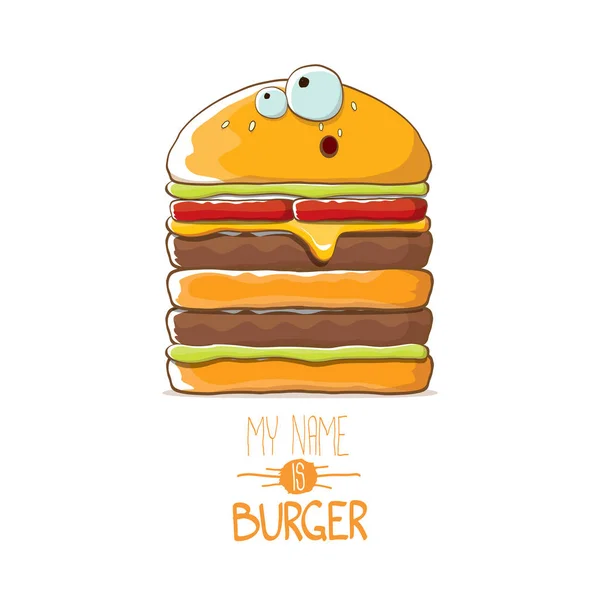 Vector cartoon smiling big burger character with cheese, meat and salad icon isolated on white background. my name is burger vector concept illustration — Stock Vector