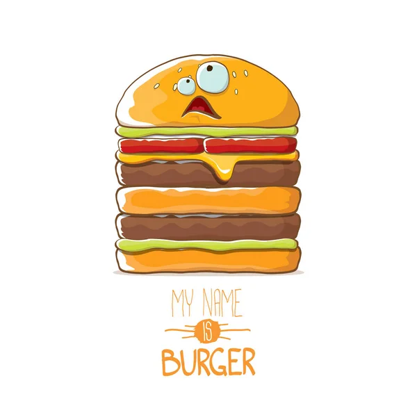 Desenho animado vetorial sorrindo grande personagem hambúrguer com queijo, carne e ícone de salada isolado no fundo branco. meu nome é Burger vetor conceito ilustração — Vetor de Stock