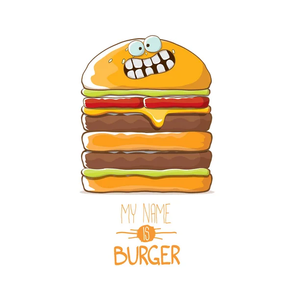 Vector cartoon smiling big burger character with cheese, meat and salad icon isolated on white background. my name is burger vector concept illustration — Stock Vector