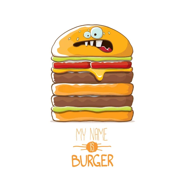 치즈, 고기, 샐러드 아이콘이 흰색 배경에 고립 된 큰 햄버거 문자 미소는 벡터 만화 내 이름은 햄버거 벡터 개념 그림 — 스톡 벡터