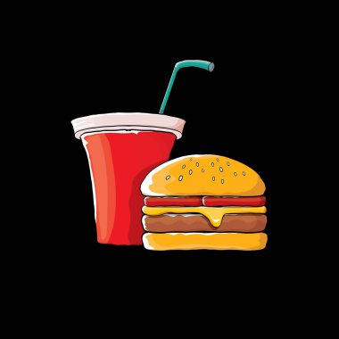 vektör karikatür lezzetli burger ve kola kağıt bardak siyah arka plan üzerine izole saman ile.