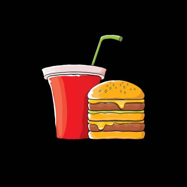 vektör karikatür lezzetli burger ve kola kağıt bardak siyah arka plan üzerine izole saman ile.