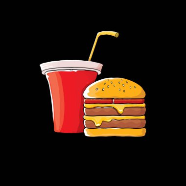 vektör karikatür lezzetli burger ve kola kağıt bardak siyah arka plan üzerine izole saman ile.
