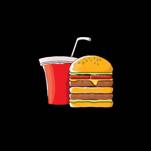 ベクトル漫画おいしいハンバーガーとコーラの紙コップ ストロー黒の背景上に分離. — ストックベクタ