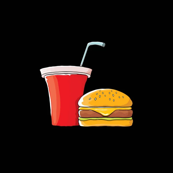 ベクトル漫画おいしいハンバーガーとコーラの紙コップ ストロー黒の背景上に分離. — ストックベクタ
