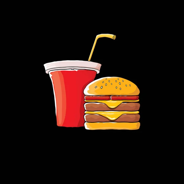 Vector de dibujos animados sabrosa hamburguesa y taza de papel cola con paja aislada sobre fondo negro . — Vector de stock