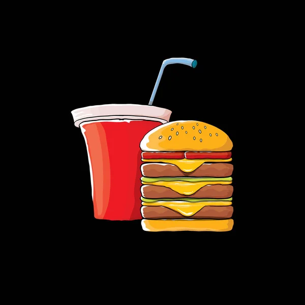 Vektor rajzfilm ízletes burger és cola papírpohár szalmával elszigetelt fekete háttér. — Stock Vector