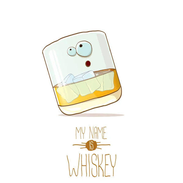 Vector grappige whisky glas karakter geïsoleerd op een witte achtergrond. Mijn naam is whisky vector concept. Funky hipster alcohol karakter pictogram voor bars label of menu — Stockvector