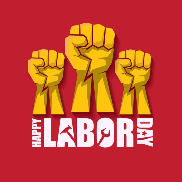 Día laboral EE.UU. etiqueta vectorial o banner de fondo. vector feliz día del trabajo cartel o pancarta con puño cerrado aislado en rojo. Icono sindical — Vector de stock